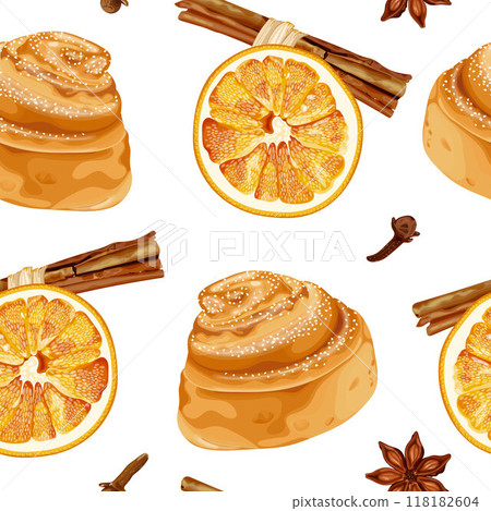 Seamless vector pattern featuring cinnamon buns, orange slices, cinnamon sticks, cloves, and star anise. Seamless vector pattern featuring cinnamon buns, orange slices, cinnamon sticks, cloves, and star anise. 118182604