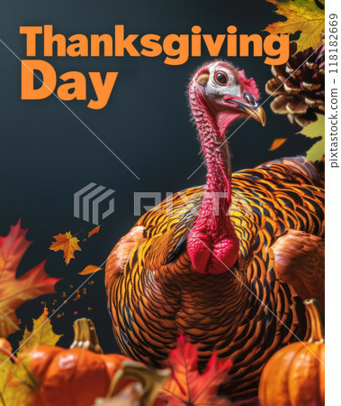 Festive Thanksgiving Day Turkey with Pumpkins and Leaves 118182669