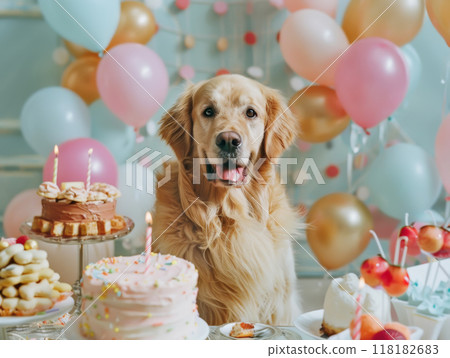 Golden Retriever at a Festive Dog Birthday Party Golden Retriever at a Festive Dog Birthday Party 118182683