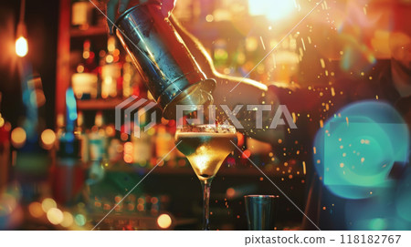 Bartender pouring cocktail at vibrant bar 118182767