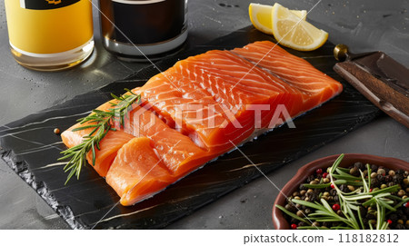 Fresh Salmon Fillet with Herbs and Seasoning on Slate Board 118182812