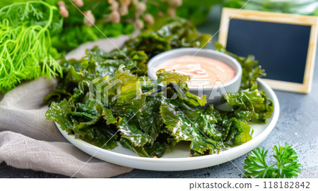Crispy Seaweed Salad with Dipping Sauce on Plate Crispy Seaweed Salad with Dipping Sauce on Plate 118182842