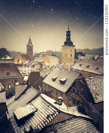 Sepia-toned snow-covered medieval cityscape in winter 2 AI-generated image 118182901