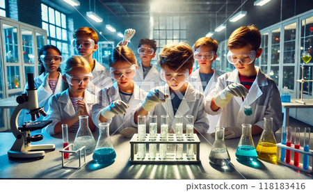 A scene of an experiment being conducted during science class 118183416