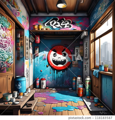 Vibrant street art studio with colorful graffiti walls. 118183587