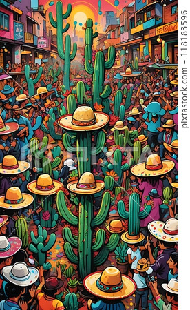 Festive crowd in a vibrant street full of cactuses. 118183596