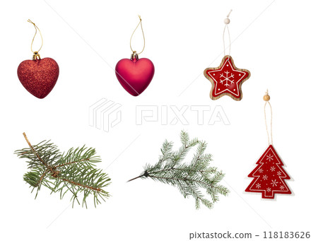 A set of felt Christmas decorations and heart-shaped toys, green spruce branches for creating your own compositions A set of felt Christmas decorations and heart-shaped toys, green spruce branches for creating your own compositions 118183626
