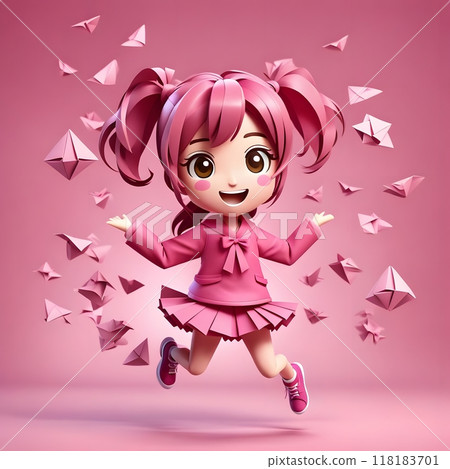 Girl in pink outfit with paper planes on vibrant backdrop Girl in pink outfit with paper planes on vibrant backdrop 118183701