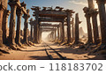 Desert train tracks under ancient wooden arches at dusk 118183702