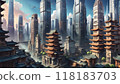 Modern skyscrapers blend with traditional Asian pagodas 118183703