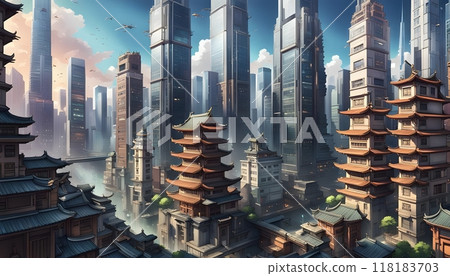Modern skyscrapers blend with traditional Asian pagodas Modern skyscrapers blend with traditional Asian pagodas 118183703