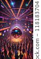 Stylish nightclub with disco balls and vibrant neon lights 118183704