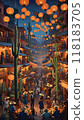Festive street with lanterns and cacti at night 118183705