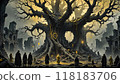 Mysterious ancient tree with glowing runes and robed figures 118183706
