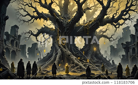 Mysterious ancient tree with glowing runes and robed figures Mysterious ancient tree with glowing runes and robed figures 118183706