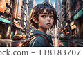 Young girl with short hair in urban street with taxis. 118183707