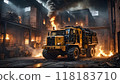 Industrial vehicle in burning factory with flames and smoke 118183710