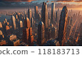 Dramatic cityscape at sunset with tall skyscrapers rising. 118183713