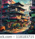 Cozy traditional-style street in Japanese urban setting. 118183715