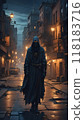 Mysterious hooded figure in dark, eerie urban alleyway. 118183716