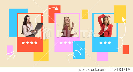 Contemporary art collage. Diverse candidates highlighted, ready to bring fresh talent to any professional team, all displayed in creative layout. Contemporary art collage. Diverse candidates highlighted, ready to bring fresh talent to any professional team, all displayed in creative layout. 118183719