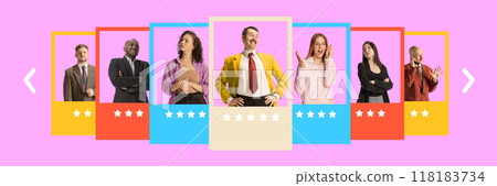 Contemporary art collage. Creative display of candidate profiles highlights importance of diverse skills and qualifications in hiring decisions. Contemporary art collage. Creative display of candidate profiles highlights importance of diverse skills and qualifications in hiring decisions. 118183734