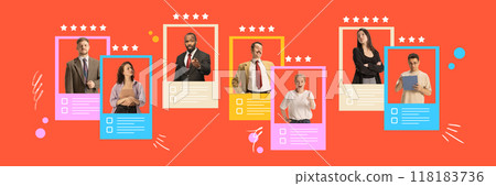 Contemporary art collage. Vibrant layout featuring professionals, illustrating importance of selecting right fit for your team. 118183736