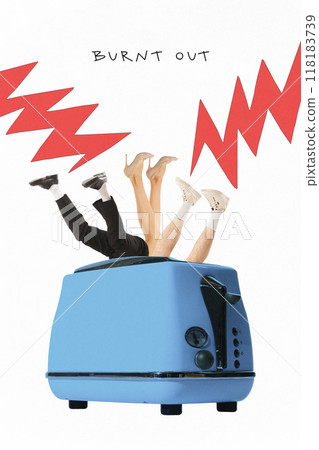 Poster. Contemporary art collage. Burnt Out. Feet pop out of toaster, depiction of burnout from work. When you have too much heat, it's time to step out and cool off. Poster. Contemporary art collage. Burnt Out. Feet pop out of toaster, depiction of burnout from work. When you have too much heat, it's time to step out and cool off. 118183739