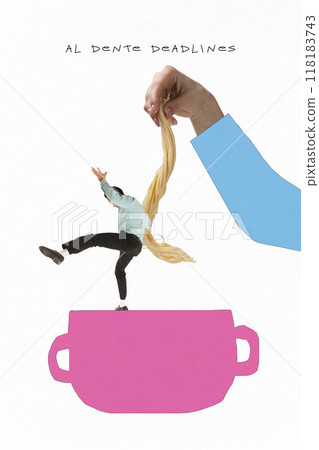 Poster. Contemporary art collage. Al Dente Deadlines. Man pulled by strand of pasta as deadlines loom. Done just right, but still need little push. Poster. Contemporary art collage. Al Dente Deadlines. Man pulled by strand of pasta as deadlines loom. Done just right, but still need little push. 118183743