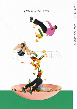 Poster. Contemporary art collage. Vegging Out. People tumble out of salad bowl, overwhelmed by pressures of life. Poster. Contemporary art collage. Vegging Out. People tumble out of salad bowl, overwhelmed by pressures of life. 118183746