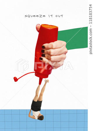 Poster. Contemporary art collage. Woman squeezed from ketchup bottle, visually embodying feeling of being drained and having every last bit of energy extracted. Poster. Contemporary art collage. Woman squeezed from ketchup bottle, visually embodying feeling of being drained and having every last bit of energy extracted. 118183754