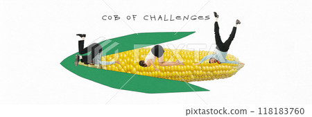 Poster. Contemporary art collage. Cob of Challenges. People tumble on giant corn cob, metaphorically juggling life's challenges. Each kernel obstacle to overcome. 118183760