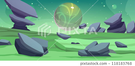 Fantastic illustration the gameplay on a planet with huge stone against the background of space Fantastic illustration the gameplay on a planet with huge stone against the background of space 118183768