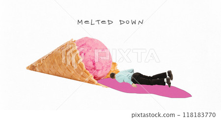 Poster. Contemporary art collage. Melted Down. man collapsed next to melting ice cream cone. Emotional burnout and complete breakdown from stress overload. Poster. Contemporary art collage. Melted Down. man collapsed next to melting ice cream cone. Emotional burnout and complete breakdown from stress overload. 118183770