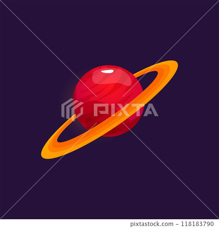 Vector illustration depicting a red planet surrounded by an orange ring on a dark background 118183790