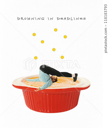 Poster. Contemporary art collage. Drowning in Deadlines. Man bending backward, submerged in oversized cup, struggling to manage overwhelming deadlines. 118183793