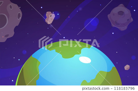 Cartoon space game landscape, Earth planet in cosmic space with stars and asteroid, vector universe background Astronomy 118183796