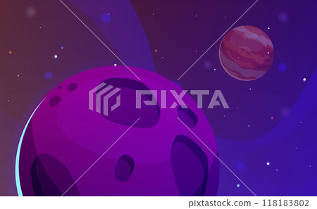 Cartoon space game landscape, Moon and Mars planets in cosmic space with stars asteroid, vector fantasy alien universe 118183802