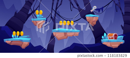 Vector illustration of an arcade night scene with platforms and forest background. 118183829
