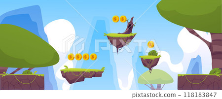 Arcade level with floating platforms and coins in a cartoon style. Arcade level with floating platforms and coins in a cartoon style. 118183847