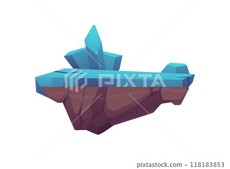 Level platform with blue surface and ice floes, game island with ice cover floating, vector cartoon winter rock stage 118183853
