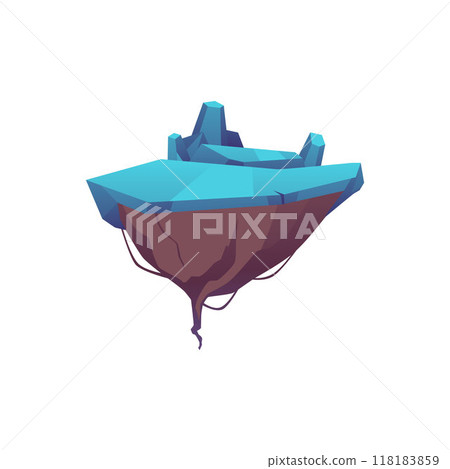 Level platform with blue surface, game island land with ice cover and cliffs floating, vector fantasy winter rock stage 118183859