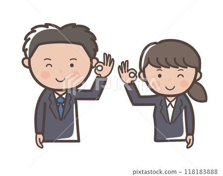 Illustration of the upper body of a young male and female businessman in a recruitment suit saying OK 118183888