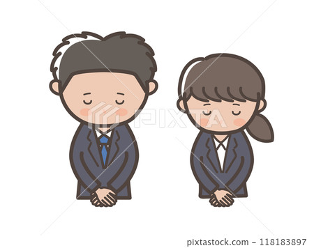 Upper body illustration of young male and female businessmen in recruitment suits bowing and apologizing 118183897