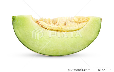 slice of green cantaloupe melon isolated on white background 118183908