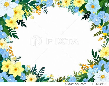 由藍色和黃色花製成的植物框架 由藍色和黃色花製成的植物框架 118183932