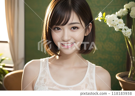 Portrait of a teenage girl sitting in a room full of flowers Portrait of a teenage girl sitting in a room full of flowers 118183938