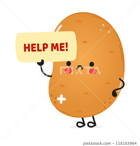 Cute sad sick Potato asks for help character. Vector hand drawn cartoon kawaii character illustration icon. Isolated white background. Suffering unhealthy Potato concept 118183964