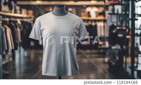 Stylish Gray T-Shirt is Displayed on a Mannequin in a Contemporary Retail Setting 118184168