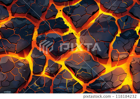Lava and fire. Red flame earth pattern. Flow orange rock. Eruption of volcano, Liquid stone backdrop. Abstract glowing volcanic surface. Fracture of molten magma texture 118184232